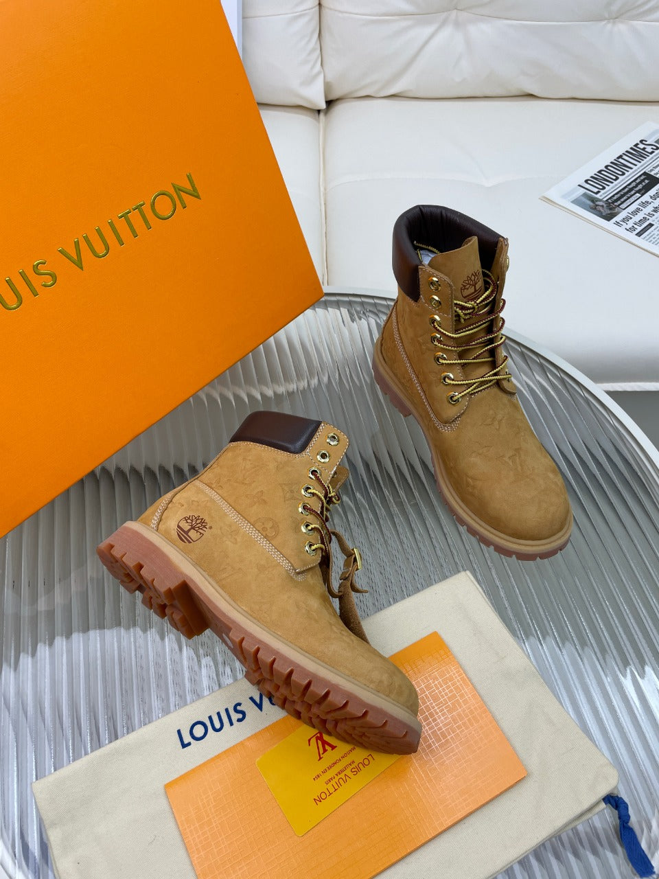 LV x Timberland Ankle Boot 50mm Brown Yellow Monogram Nubuck Leather
